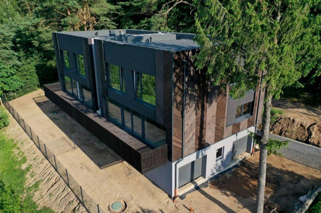 Building with charred timber cladding