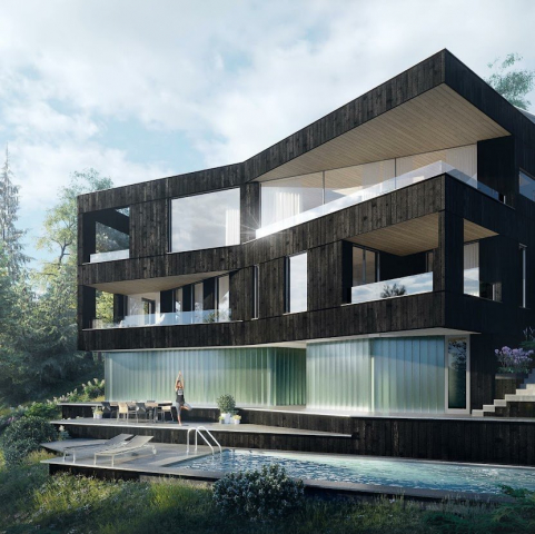 Building with charred timber cladding, person doing yoga and swimming pool